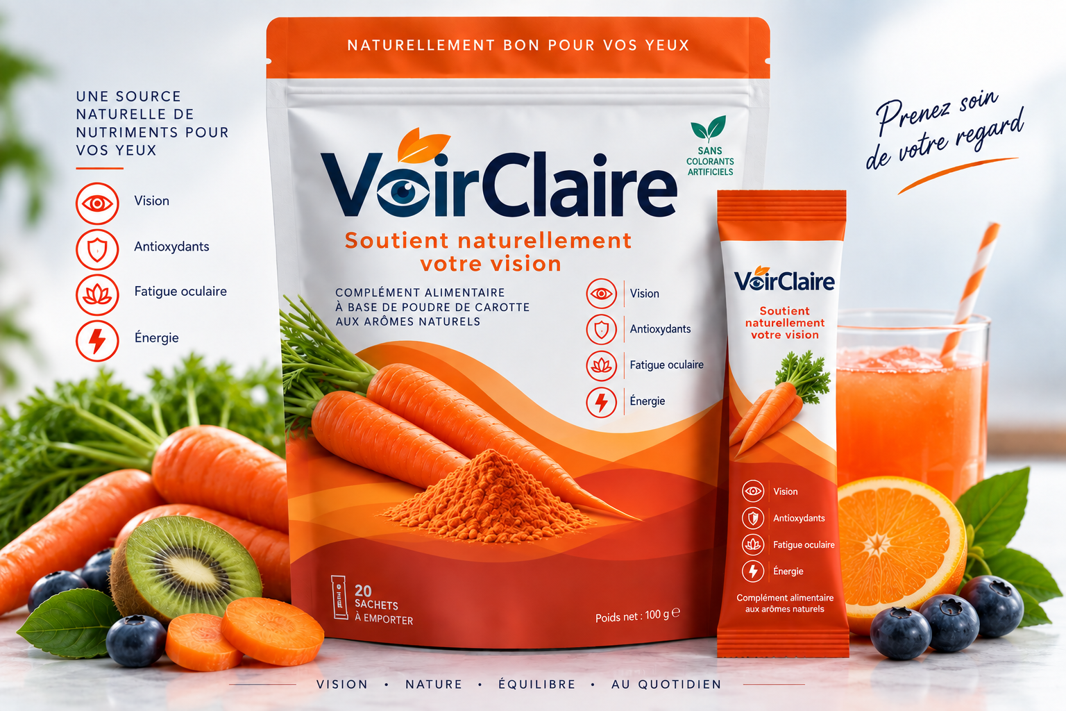 VoirClaire : sachet de 20 sachets à emporter et sachet individuel, entourés de carottes, kiwi, myrtilles et orange